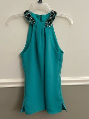 Eliza J. Teal Embellished Beaded Halter Beaded Neck Sleeveless Blouse Top Size 4
